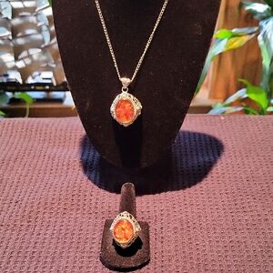 Elegant Silver Necklace and Ring Set with Orange Gemstones,stones From INDIA